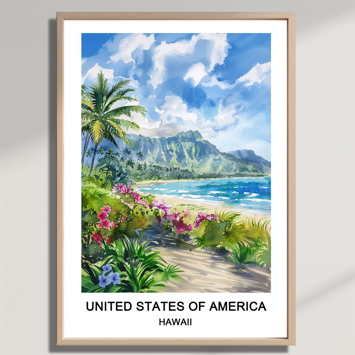 Hawaii Tropical Beach Watercolor Palm Trees Ocean Waves Island Travel Poster