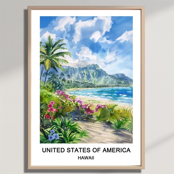 Hawaii Tropical Beach Watercolor Palm Trees Ocean Waves Island Travel Poster