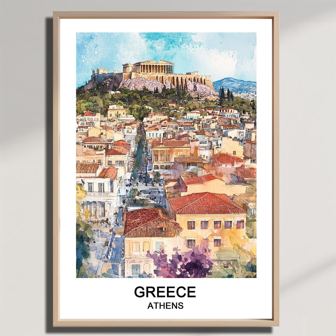 Athens Greece Acropolis Old Town Rooftops Watercolor Travel Poster