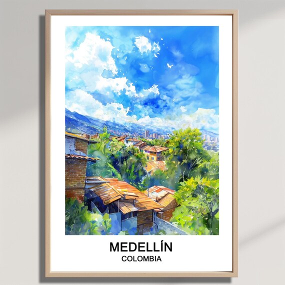 Medellin Colombia Watercolor Poster Mountain City Rooftops Skyline View