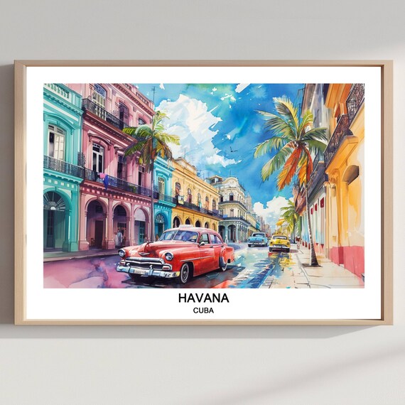 Havana Watercolor Print Vintage Car Travel Poster Art