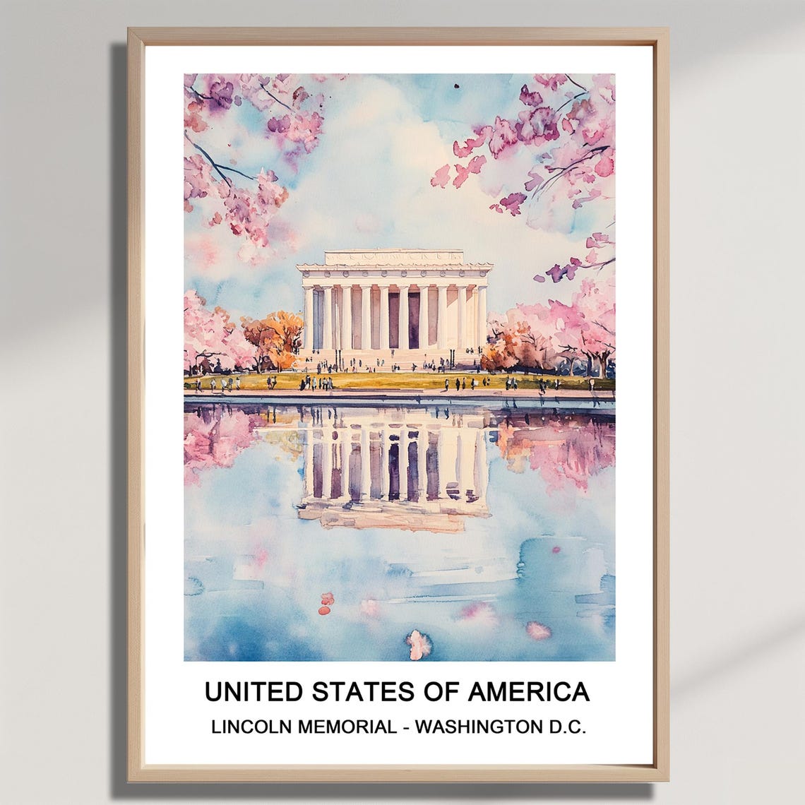 Lincoln Memorial Washington DC Cherry Blossom Watercolor Poster