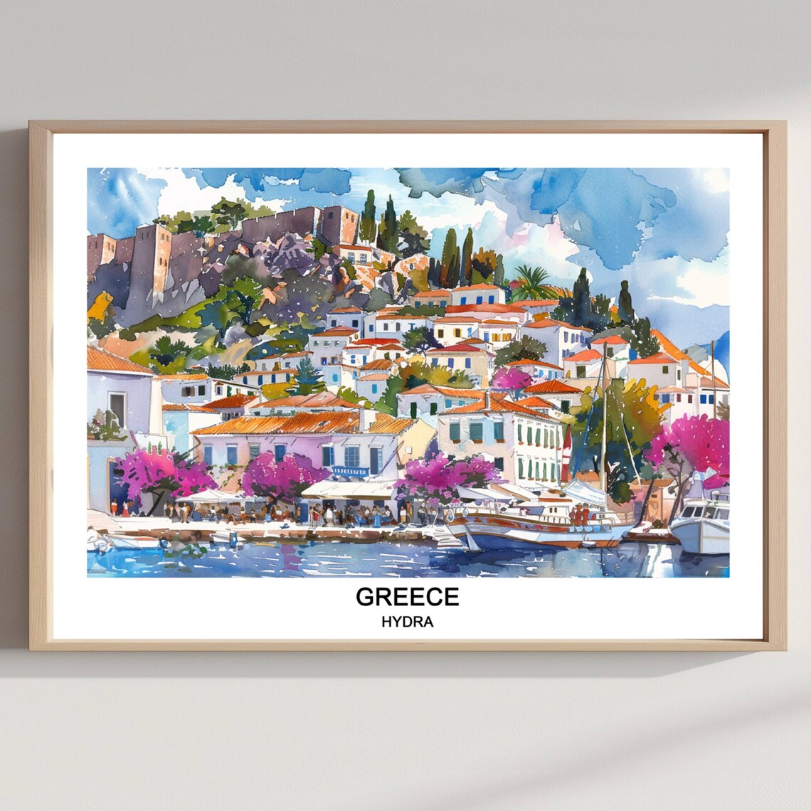 Hydra Greece Watercolor Harbor Town Colorful Seaside Travel Poster
