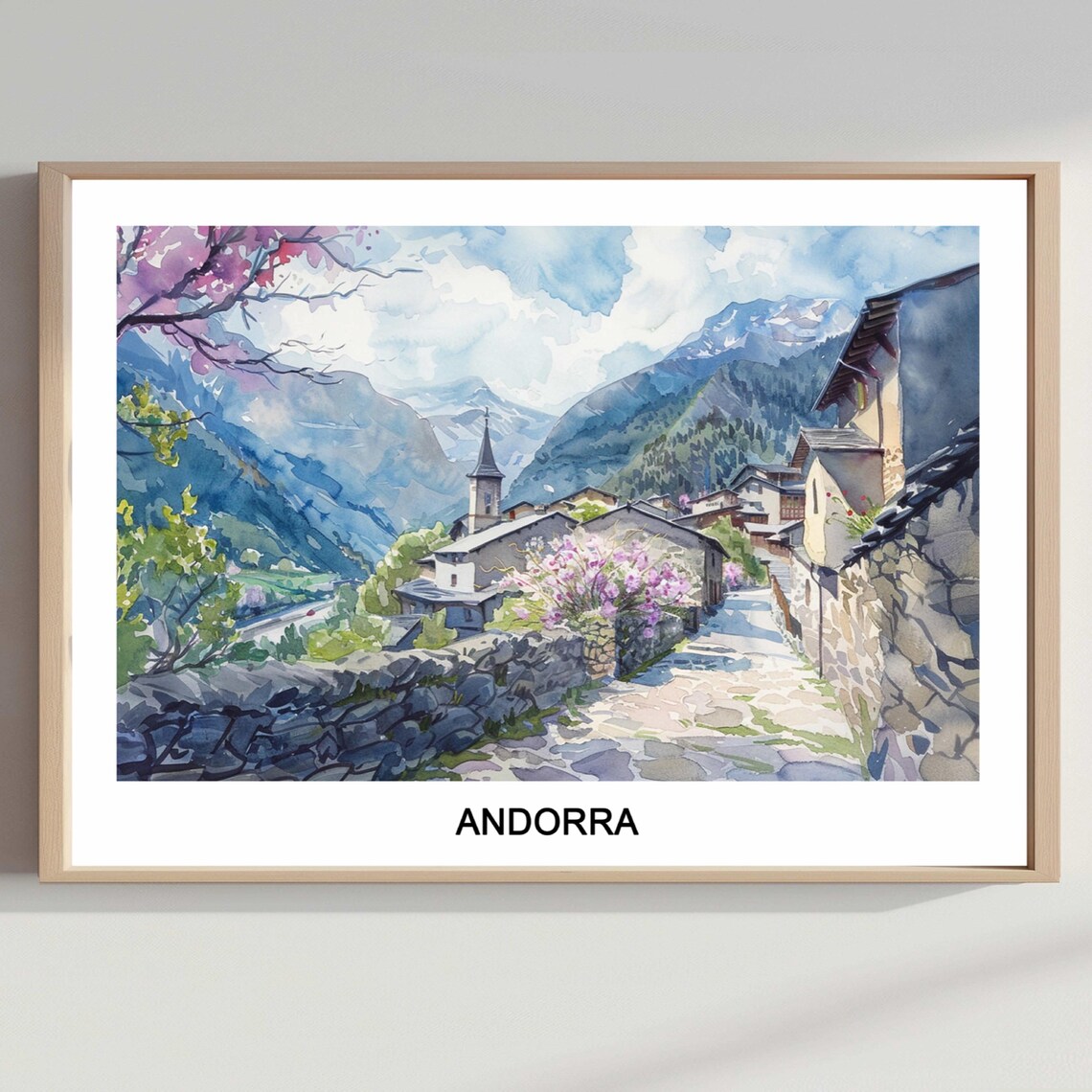 Andorra Watercolor Mountain Village Cobblestone Street Travel Poster
