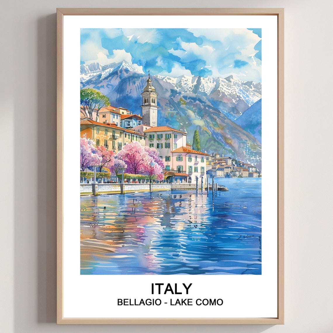 Bellagio Lake Como Italy Watercolor Waterfront Mountain View Poster