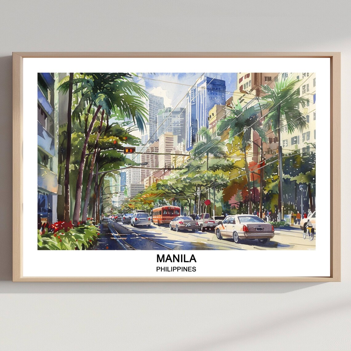 Manila Philippines City Street Palm Watercolor Travel Poster