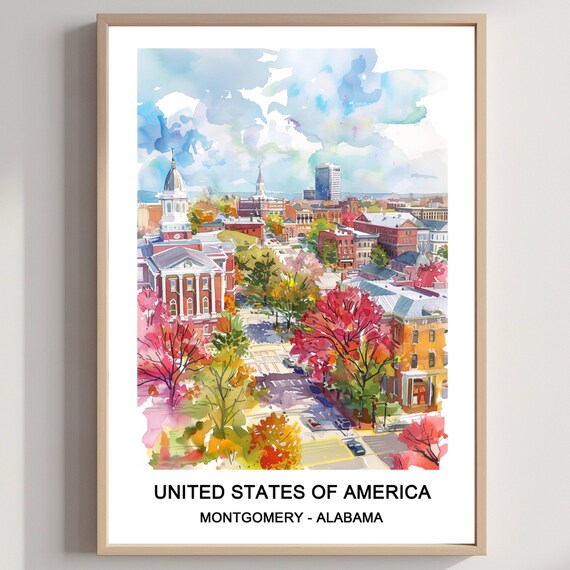 Montgomery Alabama Fall Downtown Street Watercolor Travel Poster