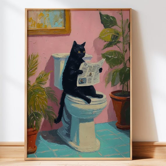 Funny Black Cat Toilet Print Quirky Bathroom Wall Art 5 Sizes Included
