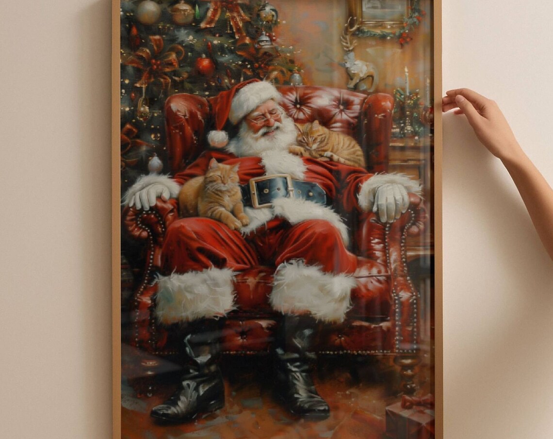 Santa Claus Sleeping in Armchair With Two Ginger Cats Christmas Poster