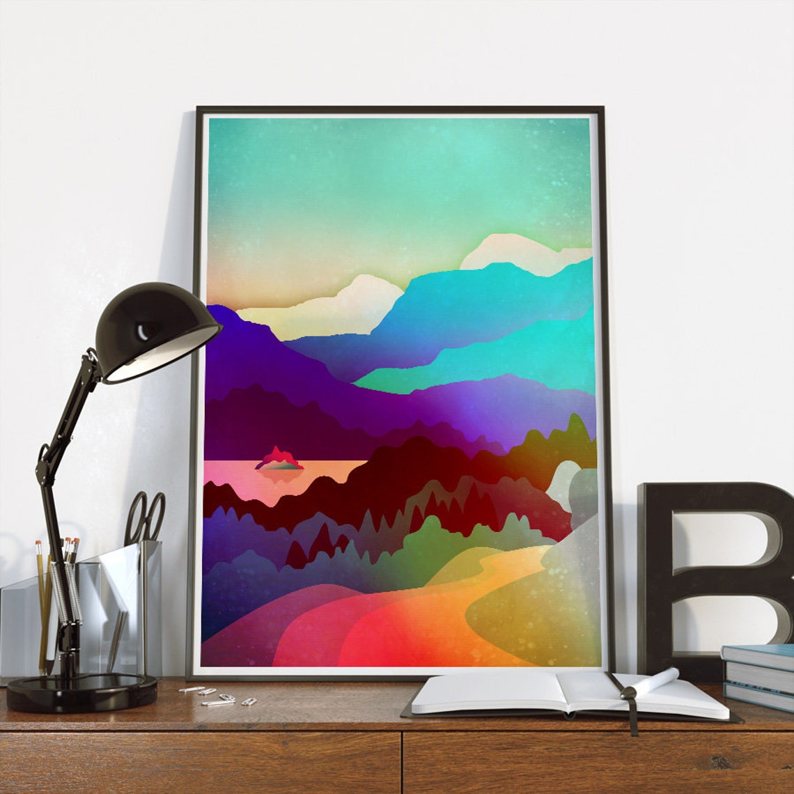 Colorful Abstract Layered Mountains Teal Sky Sunset Path Art Poster - Image 2