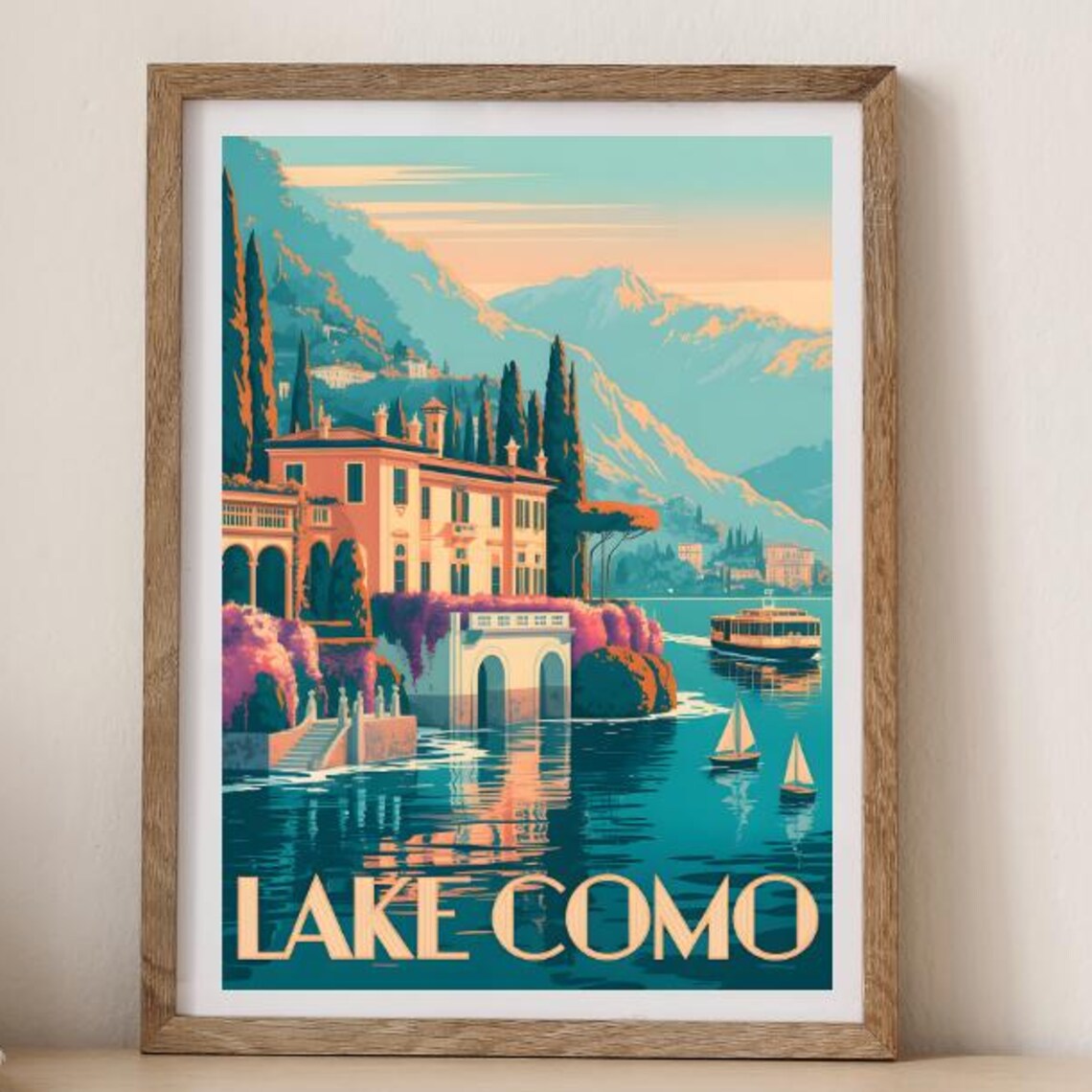 Lake Como Italy Vintage Travel Poster Lakeside Villa Sunset View