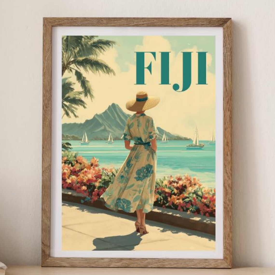Fiji Vintage Travel Poster Woman In Floral Dress With Sailboats