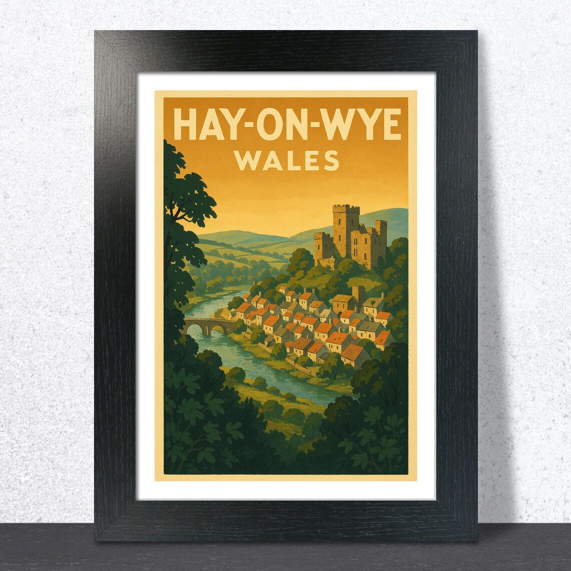 Hay-on-Wye Wales Book Town Riverside Castle Vintage Travel Poster