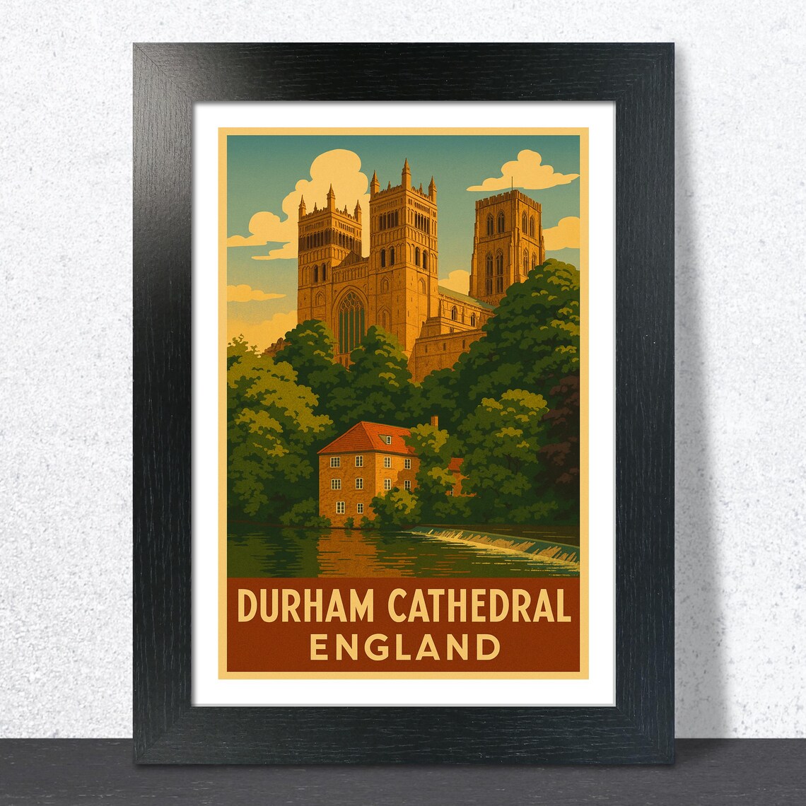 Durham Cathedral England Vintage Cream Cloud Skyline Travel Poster
