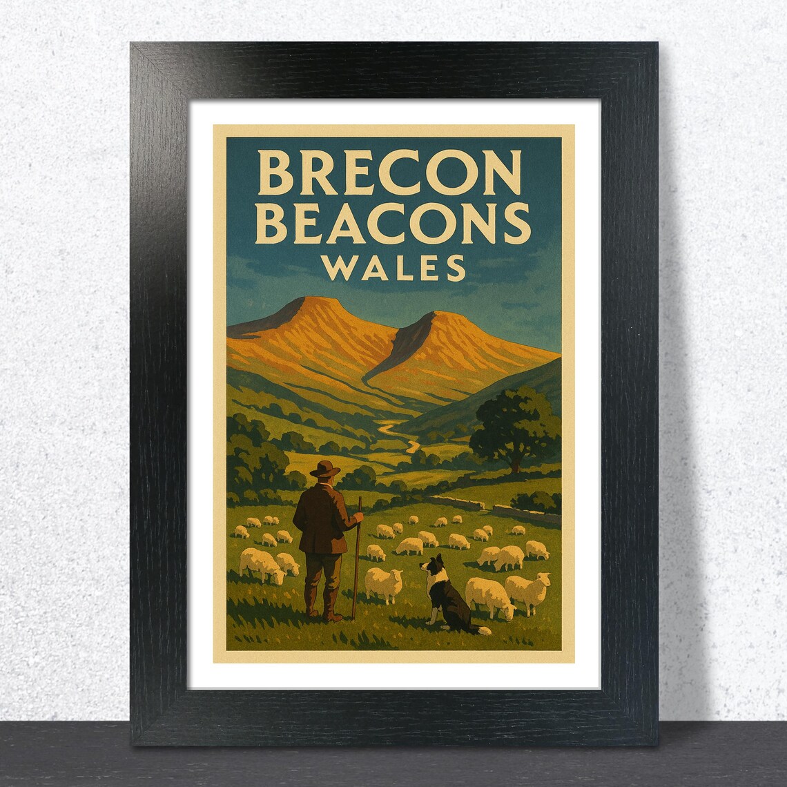 Brecon Beacons Wales Shepherd Sheep Vintage Travel Wall Poster