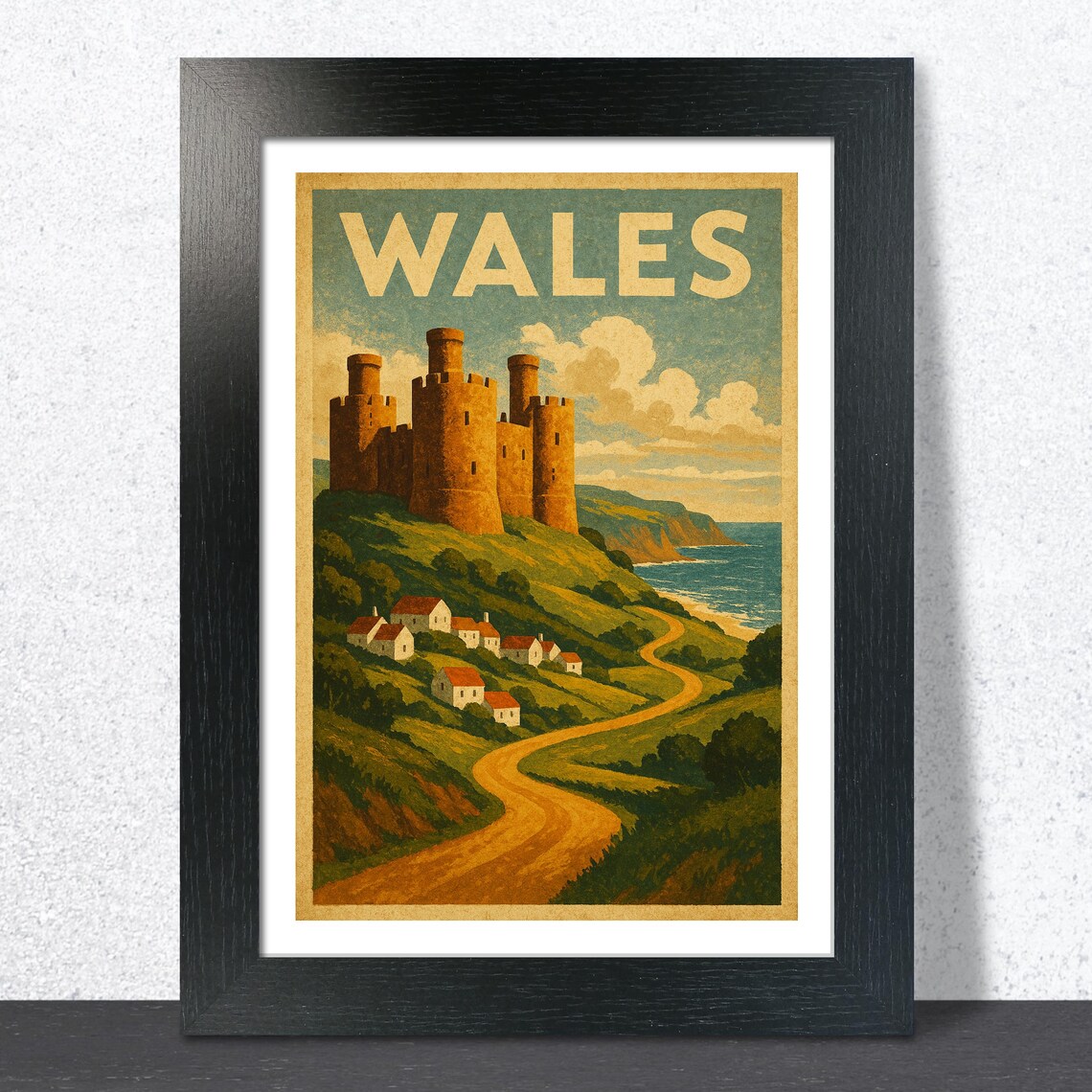 Wales Hilltop Castle Village Coast Road Vintage Travel Poster