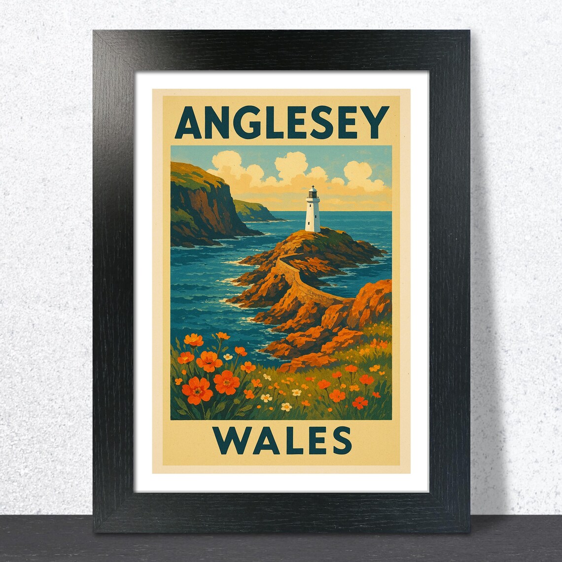 Anglesey Wales Lighthouse Coast Vintage Retro Travel Art Poster