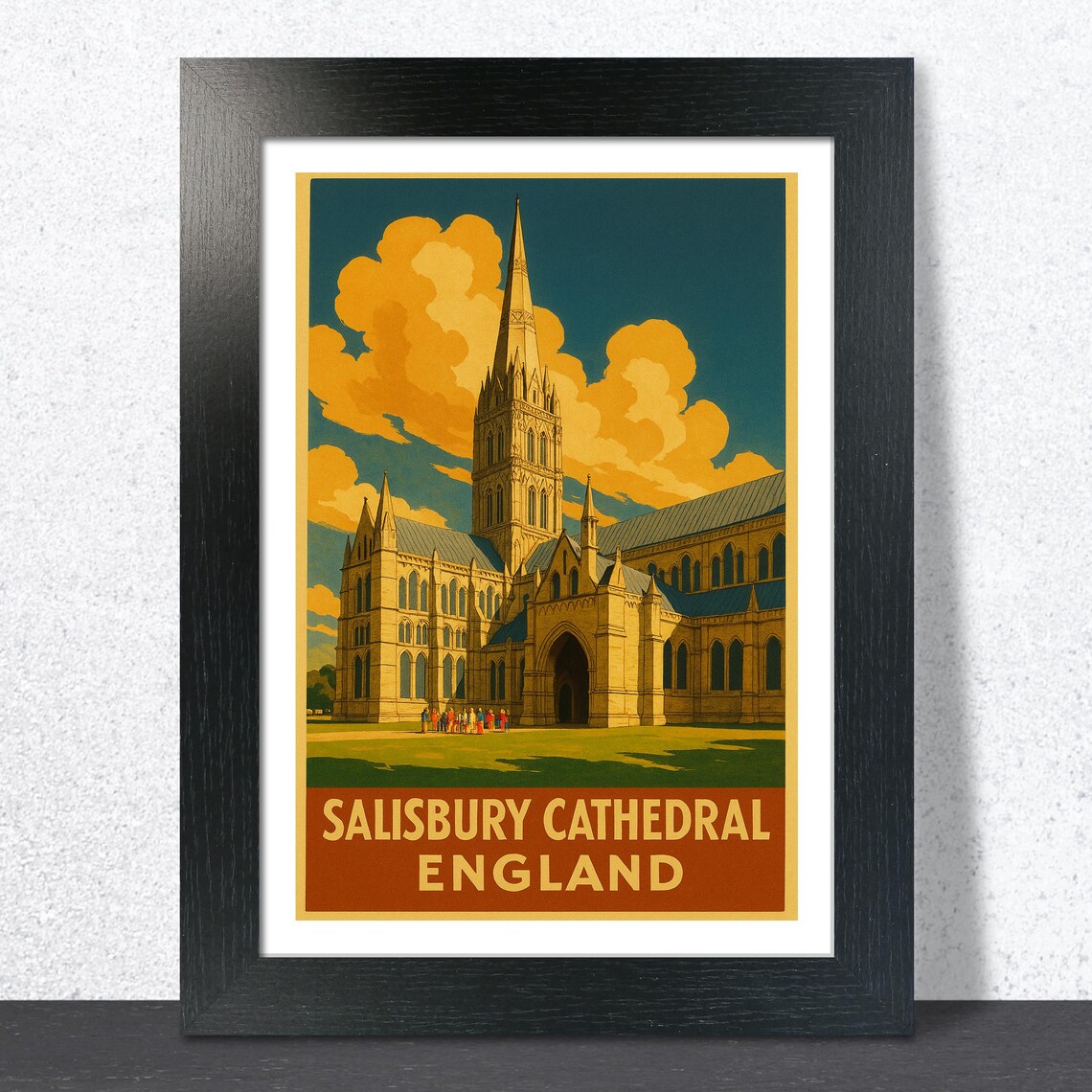 Salisbury Cathedral England Sunset Clouds Vintage Travel Poster