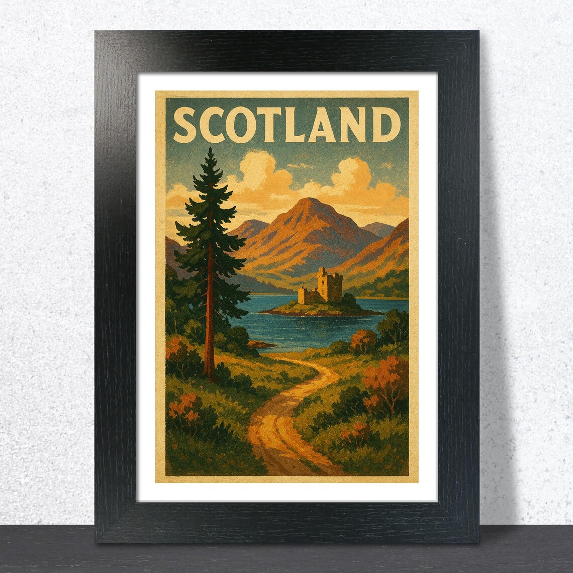 Scotland Loch Island Castle Pine Mountain Sunset Travel Poster
