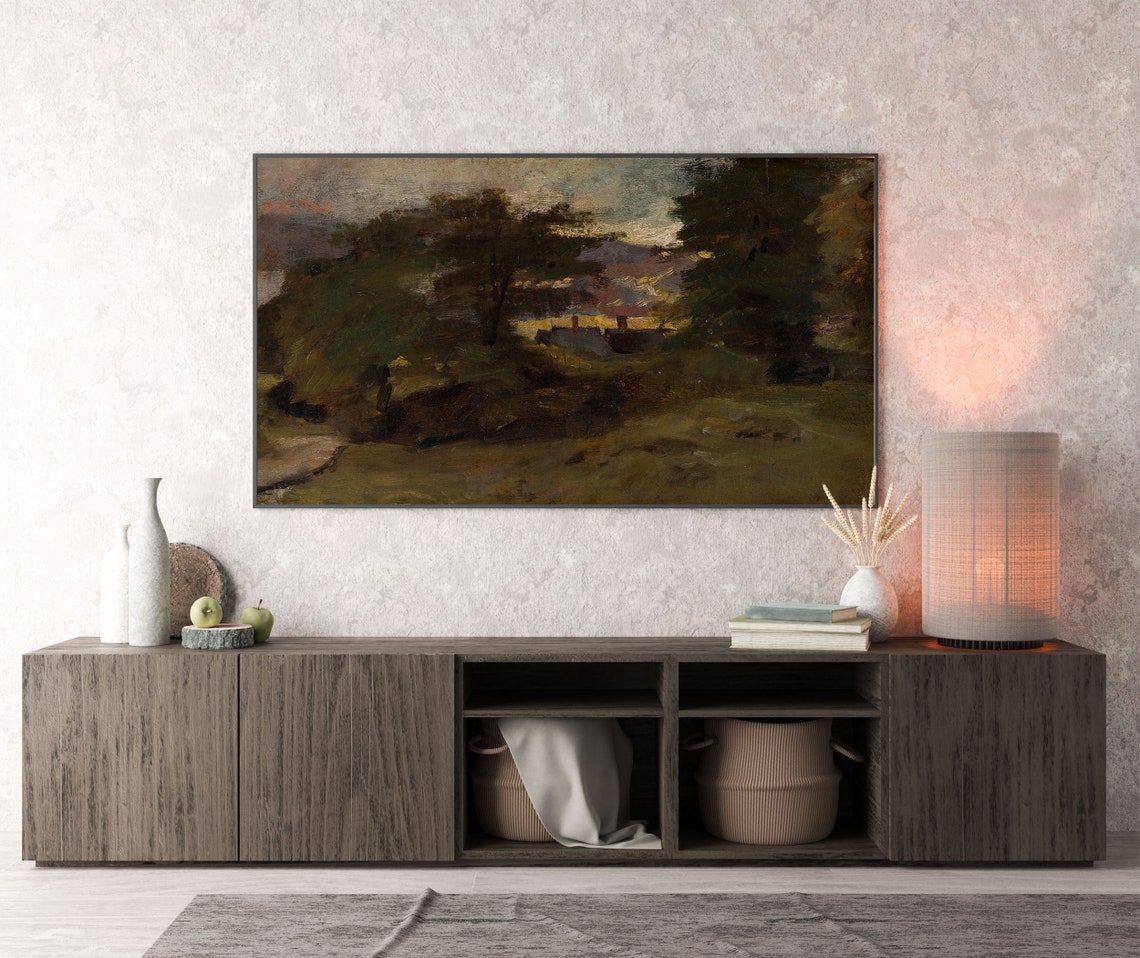 Rustic Village Landscape at Dusk with a Glowing Sunset Poster - Image 4