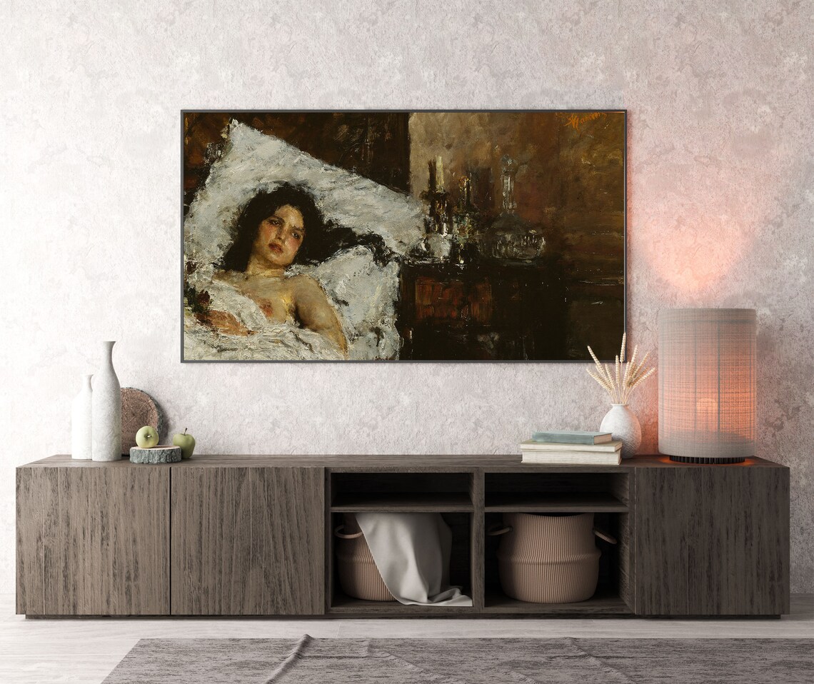 Moody Reclining Woman Portrait Vintage Oil Painting Dark Art Poster - Image 2