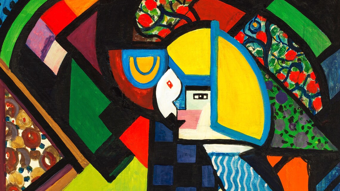 Bold Geometric Abstract Painting with Colorful Cubist Shapes Poster - Image 2