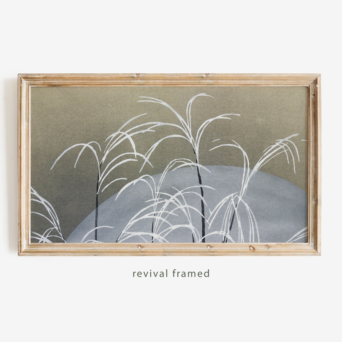 Japanese Silver Grass Under a Pale Moon Woodblock Style Poster