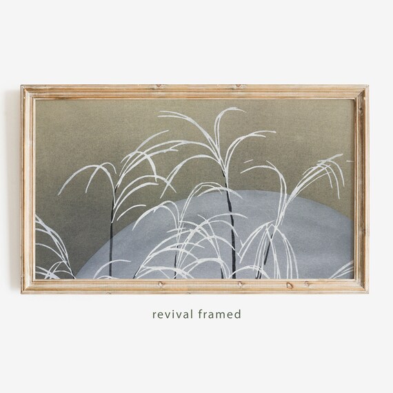 Japanese Silver Grass Under a Pale Moon Woodblock Style Poster