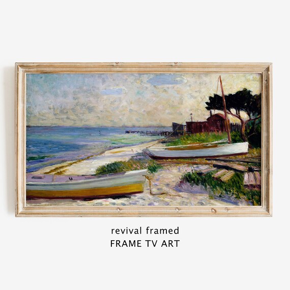 Impressionist Shoreline Painting with Rowboats Boathouse and Sailboat Poster