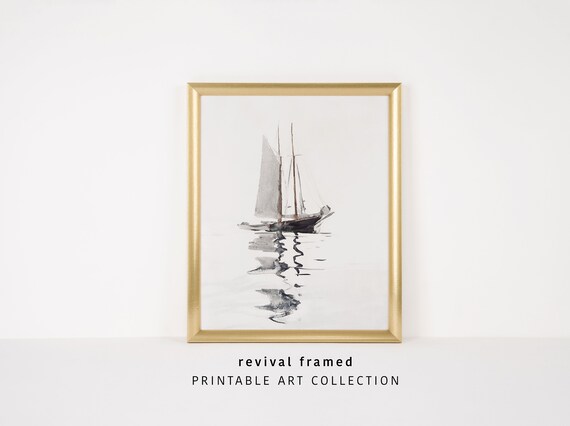 Tall Ship with Two Masts Drifting on a Still Misty Sea Poster