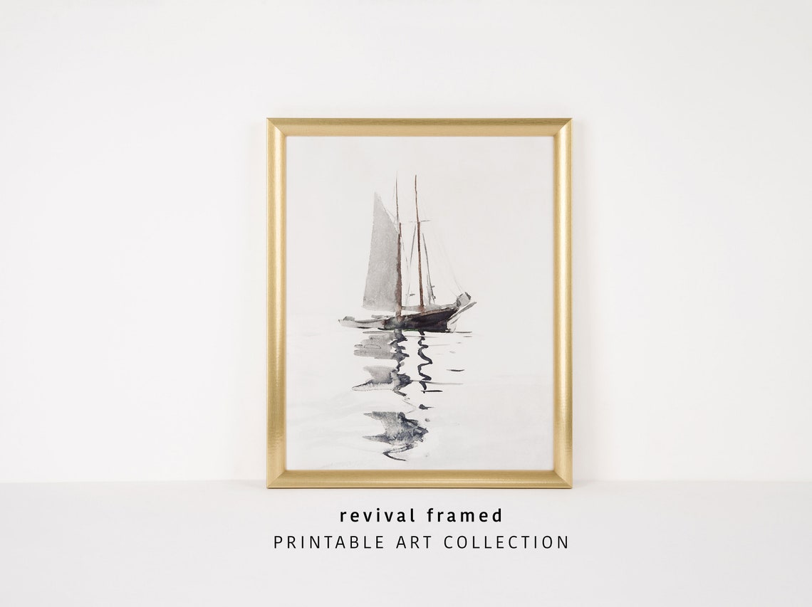 Tall Ship with Two Masts Drifting on a Still Misty Sea Poster