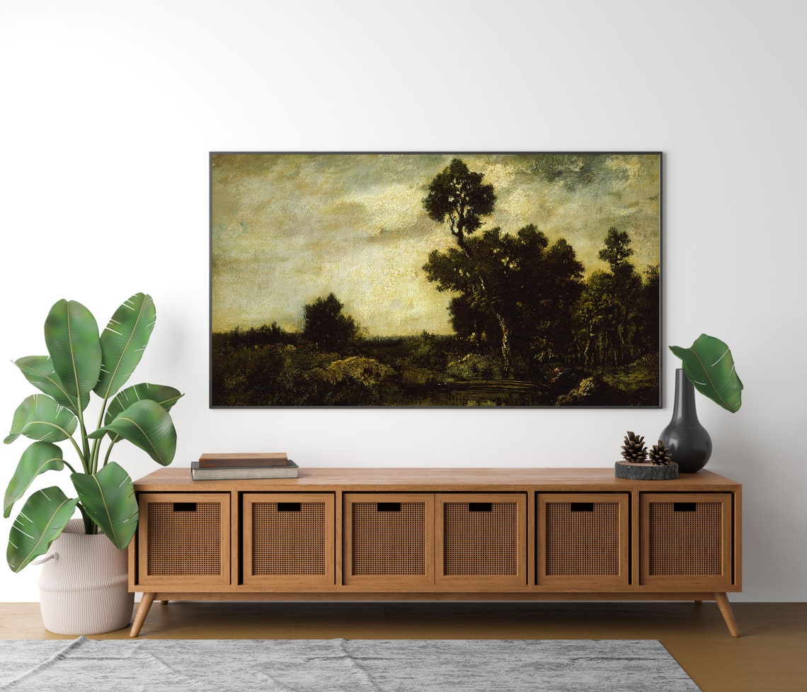 Moody Vintage Landscape with a Tall Lone Tree at Dusk Poster - Image 3