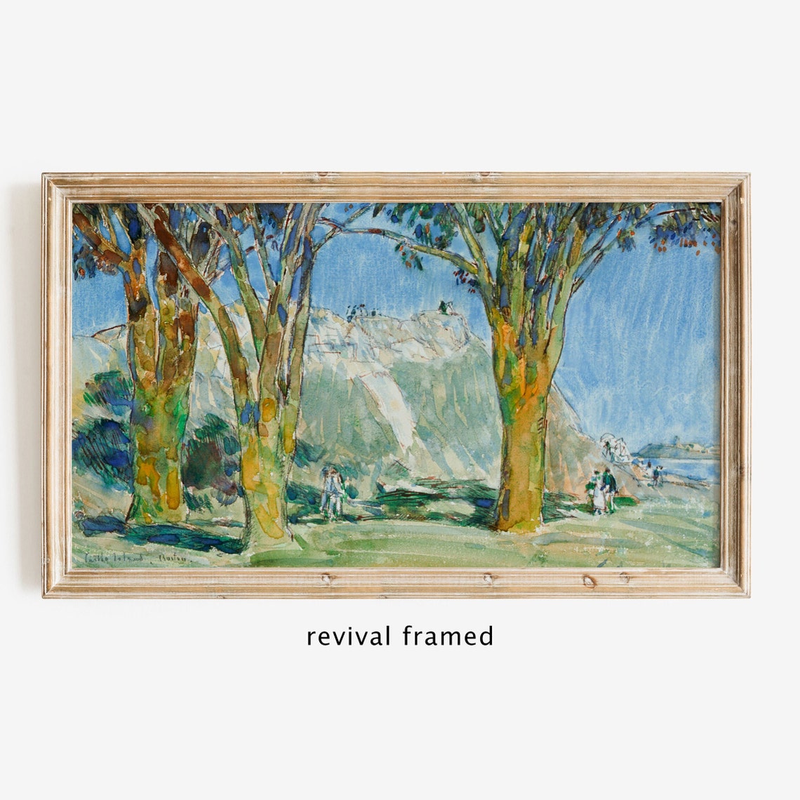 Watercolor Park with Tall Trees and Cliffs Figures Strolling Poster