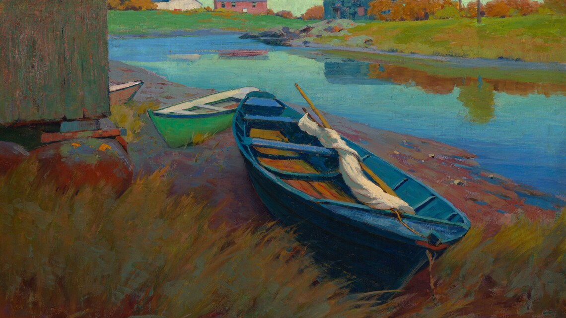 Blue Rowboats Riverbank Reflections Colorful Impressionist Boat Painting Poster - Image 2