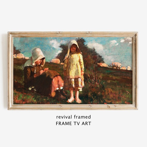 Two Little Girls in Field Vintage Countryside Childhood Oil Painting Poster