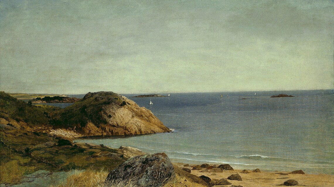 Rocky Coastal Headland Sailboats Minimalist Neutral Seascape Painting Poster - Image 2