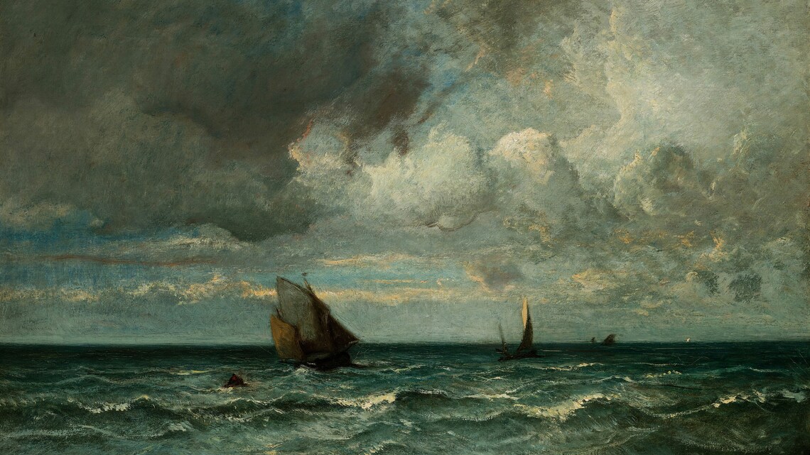Stormy Sea Sailboats Dramatic Clouds Vintage Moody Seascape Painting Poster - Image 2