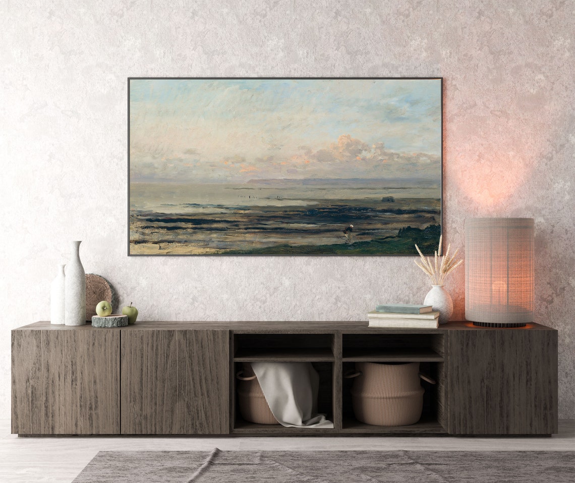 Frame Tv Art Coastal Tv Art Beach Vintage Oil Painting Neutral Seascape Painting Frame Tv Art Large Art Gallery Wall - Image 4