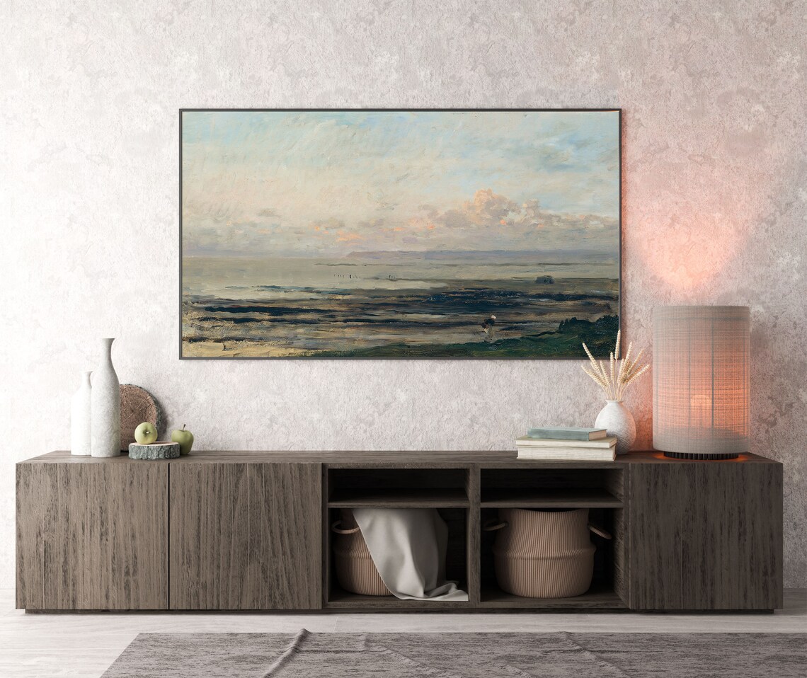 Vintage Coastal Beach Seascape Oil Painting Soft Cloudy Low Tide Poster - Image 4