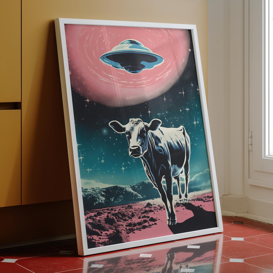 Cow Abduction Retro Sci Fi Poster, Alien Decor