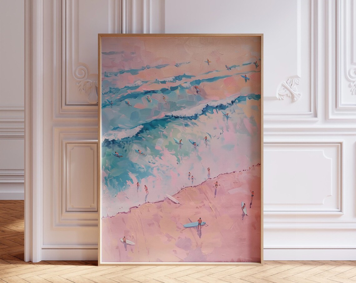 Pink Aerial Beach Surfers Pastel Ocean Surf Scene Decor Poster