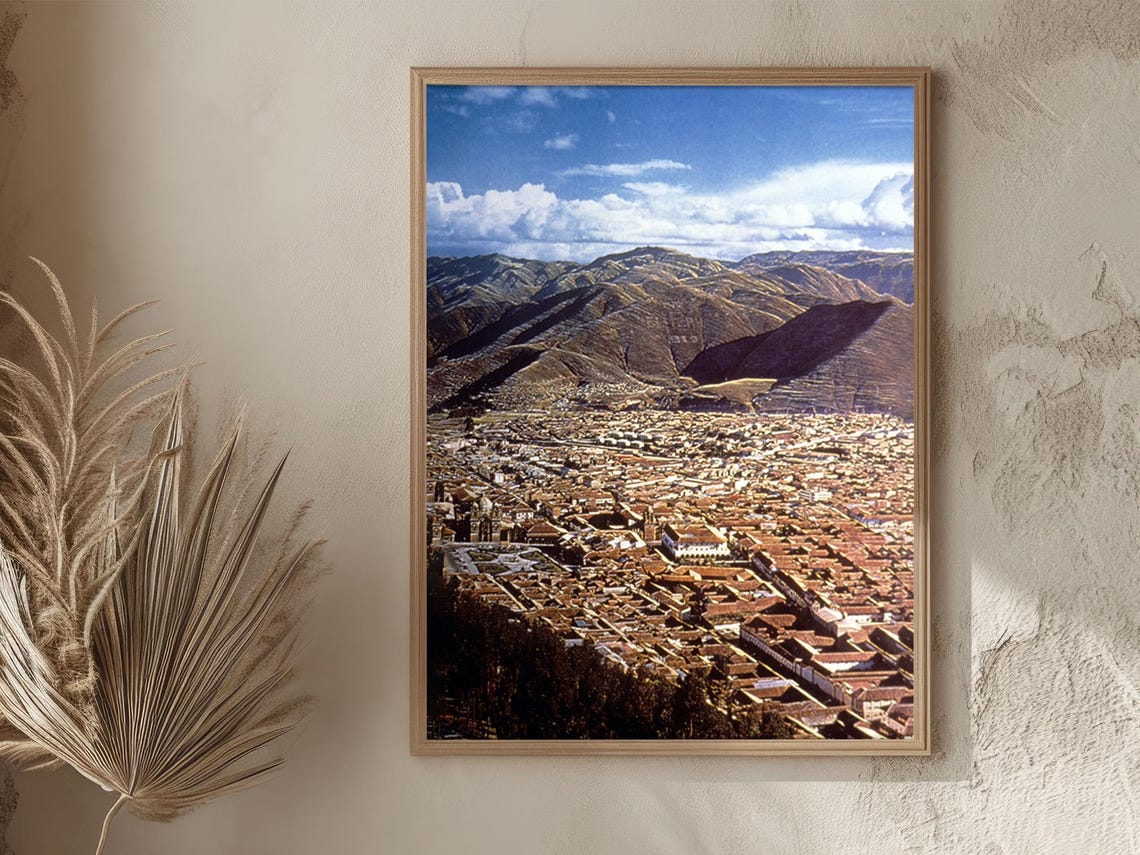 Peru Cusco Cityscape Aerial Red Roofs Andes Mountains Vintage Poster