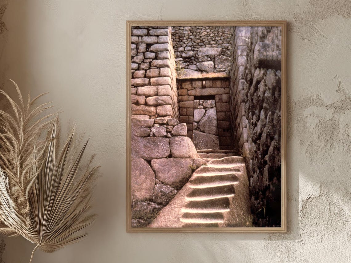 Peru Machu Picchu Inca Stone Stairway Ancient Ruins Vintage Poster