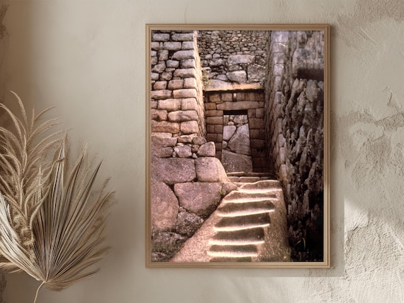 Peru Machu Picchu Inca Stone Stairway Ancient Ruins Vintage Poster