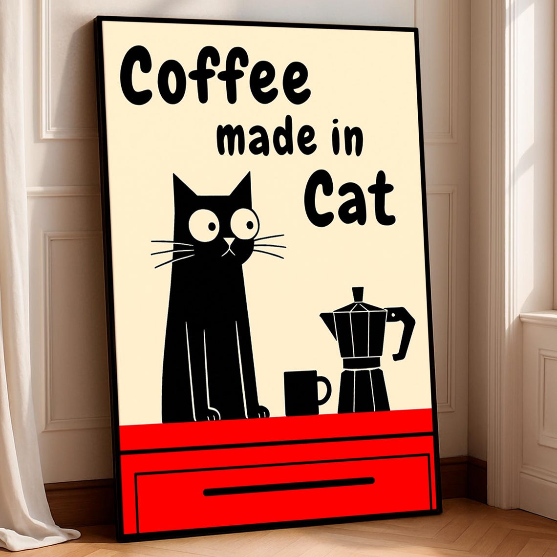 Black Cat Coffee Poster With Moka Pot Retro Kitchen Wall Art Vintage Print