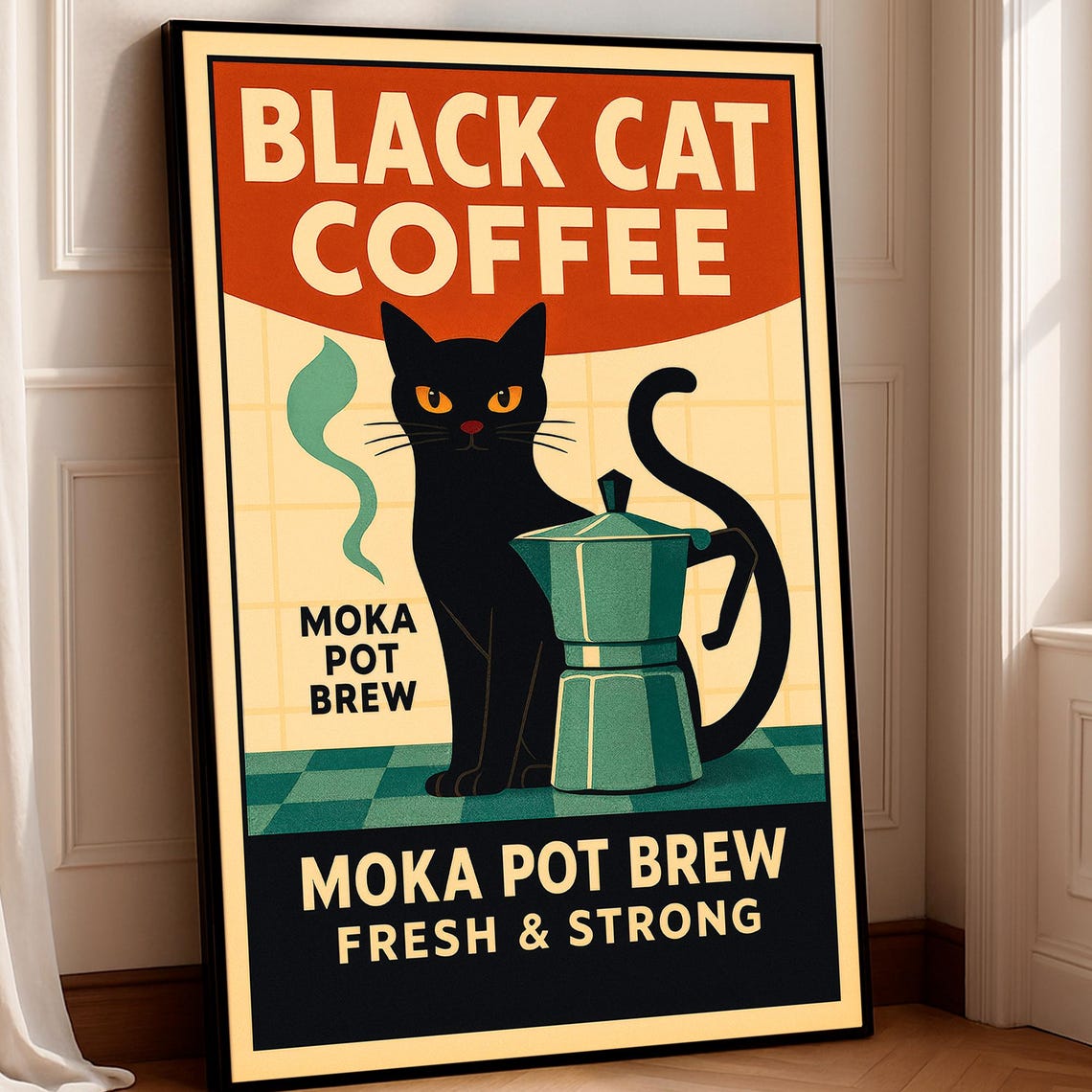 Black Cat Coffee Poster Retro Moka Pot Kitchen Wall Art Vintage Cafe Decor Espresso Print Midcentury Style Gift For Lovers
