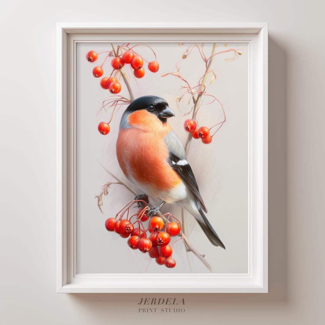 Eurasian Bullfinch On Red Berries Colored Pencil Bird Poster