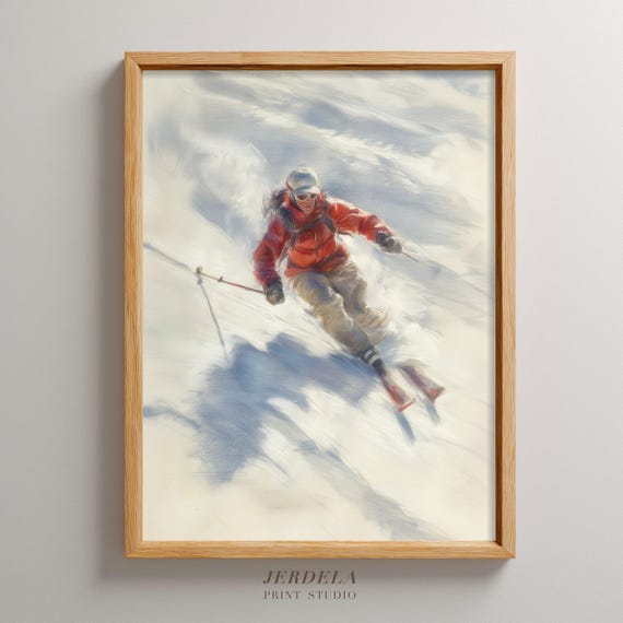 Skier Girl Sketch Print Action Sports Winter Art Cabin Decor Gift