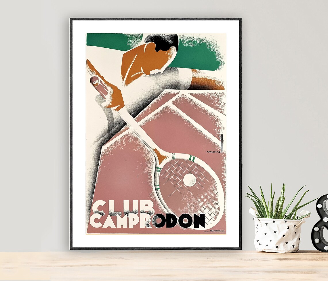 Club Camprodon Tennis Racket Player Art Deco Spanish Sports Poster