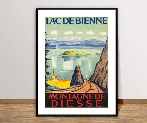 Lac De Bienne Montagne De Diesse Suisse Vintage Travel Poster Lake Biel Prints Gift Idea Wall Decor
